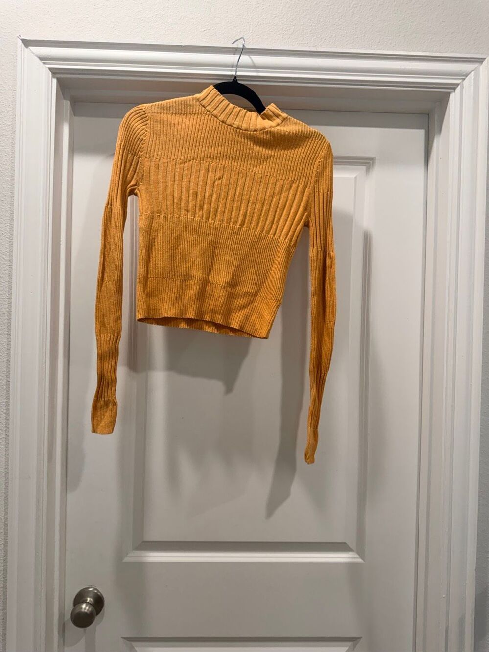 American Eagle Mustard Yellow Ribbed Mock Neck Cropped Sweater Long Sleeve Top S